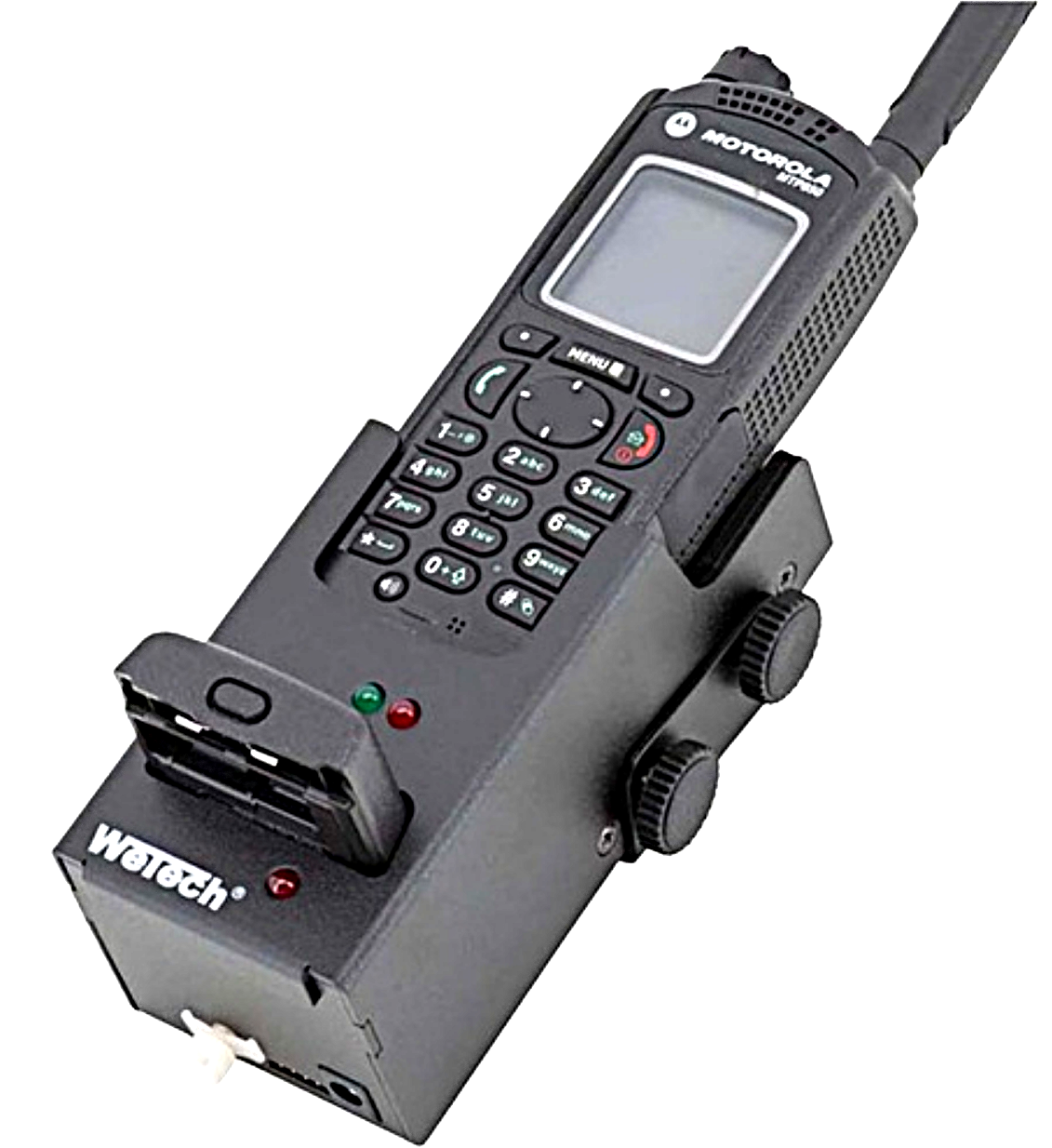 Vehicle Charger for the Motorola MTP850 with slot for charging a spare battery, 12-24 VDC.